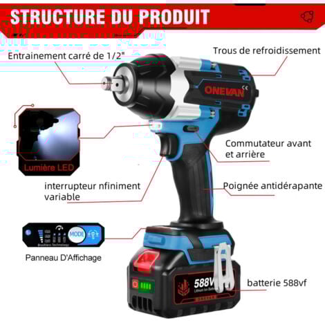 ONEVAN Clé à Chocs sans fil Brushless 1800 Nm,3 vitesses,1/2 " Boulonneuse a Choc avec 2x588VF Batterie - coffret de transport - bleu