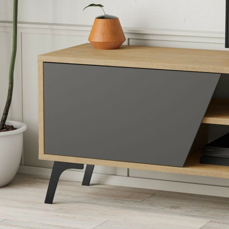 Mueble TV 180cm con estante de pared en roble y antracita - Fiona