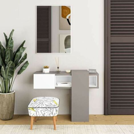 Mueble de entrada con espejo, entrada para recibidor con cajón, Vaciador de  bolsillo para apartamentos pequeños, cm 100x27h155, color Cemento y Blanco