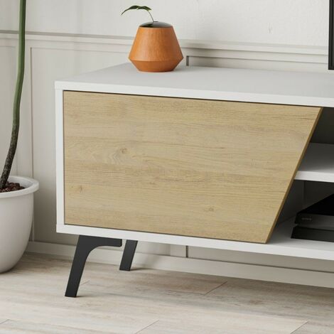 Mueble TV 180cm con estante de pared en blanco y roble - Fiona