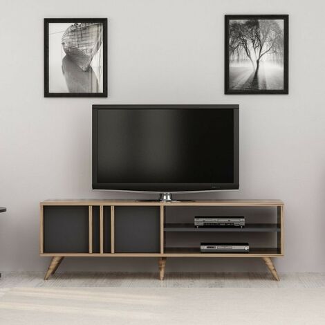 Mueble de TV de madera de 150 cm con puertas y estante en nogal y antracita - Rilla (1/4)
