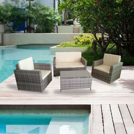 Salón de jardín con sofá, sillón y mesa de centro de ratán gris - WRS066G (1/4)