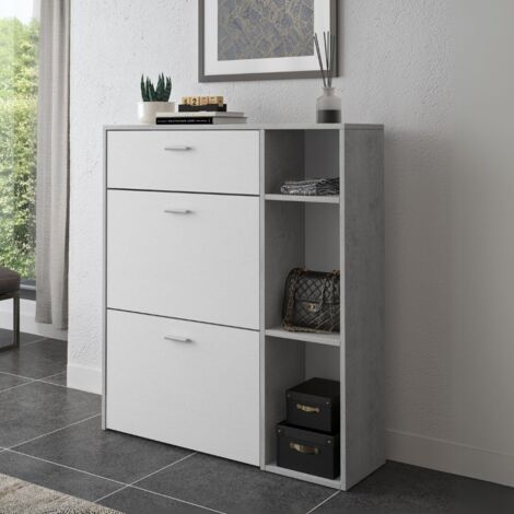 Mueble zapatero con 2 puertas batientes y cajón cemento y blanco 90x26x101,5H - Tamik (1/4)