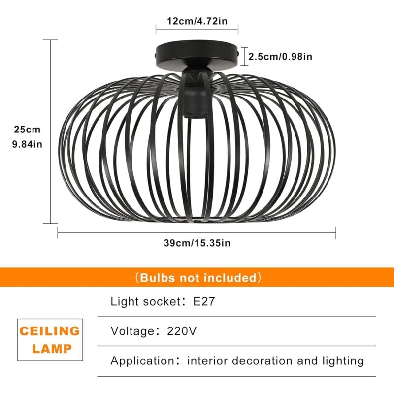 Plafonnier Industriel Vintage E27 - Lustre Cage Métal Noir Pour Ampoule Edison