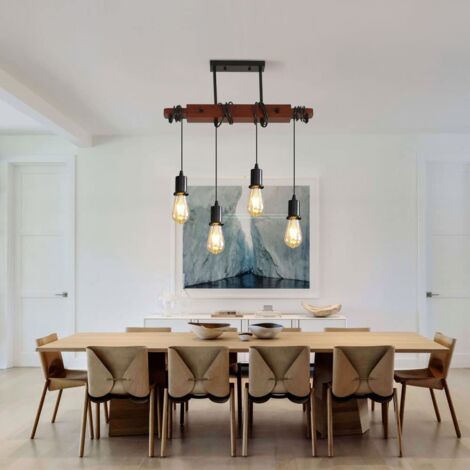 Suspension Luminaire Rétro Industrielle, Vintage Lustre Lumières E27 Lustre Suspension en Bois pour Salle à Manger Salon (Ampoule Non Incluse)  4 têtes lumineuses