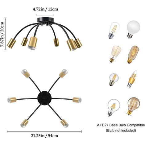 Luminaire Plafonnier industrielle, Lustre Moderne en Métal Noir, Lampe Suspension Vintage 6 Lumières E27 Base pour Salon Chambre Cuisine, Diamètre 55 cm (Sans ampoules)