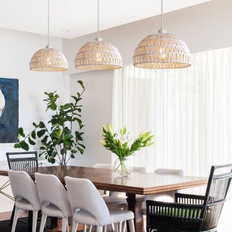 GOECO Suspension Luminaire en Rotin Moderne Lustre Abat-jour en Rotin Naturel Lampe Suspendue Hauteur Réglable E27 Suspension pour Cuisine Chambre Salon Café (Blanc)