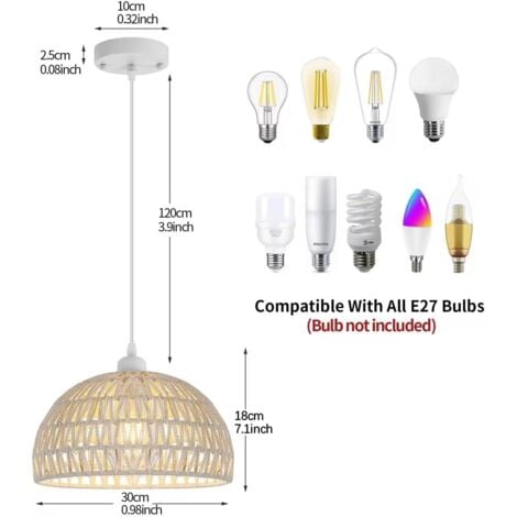 GOECO Suspension Luminaire en Rotin Moderne Lustre Abat-jour en Rotin Naturel Lampe Suspendue Hauteur Réglable E27 Suspension pour Cuisine Chambre Salon Café (Blanc)