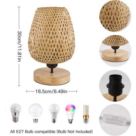 UNISOPH Lampe De Table En Bois Rotin Fait Main - Abat-jour Sphérique, USB, Blanc 6500K