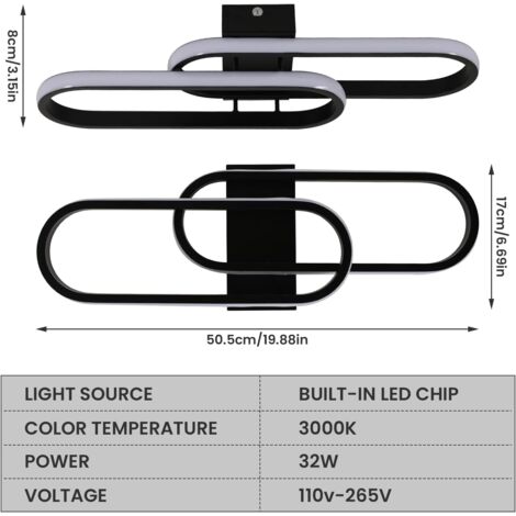 Plafonnier LED 32W 3600LM, Luminaire Plafonnier Moderne, Lampe de Plafond Acrylique pour Salon Chambre Cuisine Salle de Bain Couloir Balcon 50cm (Noir) lumière blanc chaud 3000K