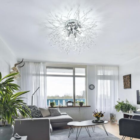 Plafonnier LED Lustre en Cristal Moderne K9 Cristal Suspension Plafonnier Température de couleur réglable 3000K/4500K/6500K 6 G9 Lampe de Plafond Argenté