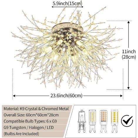 Plafonnier LED Lustre en Cristal Moderne K9 Cristal Suspension Plafonnier Température de couleur réglable 3000K/4500K/6500K 6 G9 Lampe de Plafond Argenté