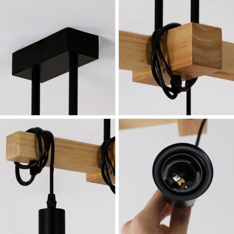 Suspension Luminaire Industriel,Suspension en bois vintage,lustre de salon en métal noir,3 douilles E27,Lustre réglable adapté au salon,salle à manger et chambre à coucher (ampoule non incluse)