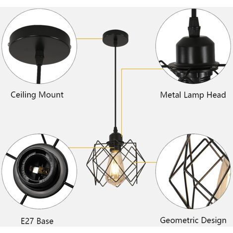 Suspension Luminaire Industrielle, Lustre Plafonnier Abat-jour en Métal en Forme de Cage Noir, Vintage Éclairage de Plafond pour Salle à Manger Salon Cuisine Chambre Bar (Sans Ampoule)
