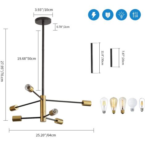 GOECO Suspension Luminaire LED, Lustre industriel rétro noirs E27, Plafonnier à angle réglable à 180 °, Lumières vintage pour salon cuisine chambre salle à manger (Ampoule Non Incluse) 6-Lumières E27