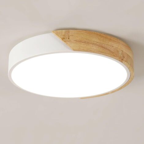 Plafonnier LED Bois, 30W Lampe de Plafond Modernes Rond, Luminaire Plafonnier Blanc Froid 6500K pour Chambre, Salle de Bain, Cuisine, Salon, Bureau, Ø30cm