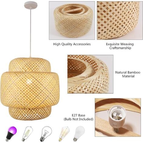 Suspension Bambou Naturel, E27 Lampe Suspension Rotin Luminaire Plafonnier Bambou sans Ampoule, Abat Jour Bambou pour Cuisine île Salle à Manger Salon Porche