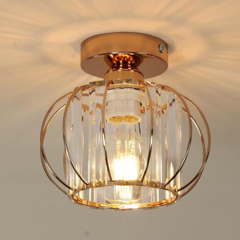 Goeco – Plafonnier LED en cristal doré – Abat-jour métal et verre – Dimensions 19x19x18cm – Douille E27 – Pour couloir, cuisine, chambre