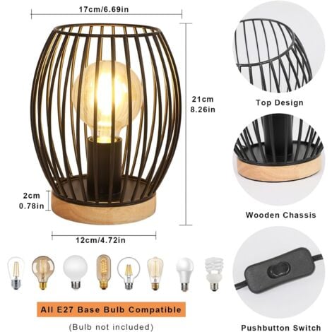 Lampe de Table Metal Noir E27 Cage, 21cm de Haut Lampe de Bureau, Lampe de Chevet Intérieur Design Décorative avec Interrupteur à Boutons pour Fête-Cadeau, Chambre, Salon(Pas d'ampoule)