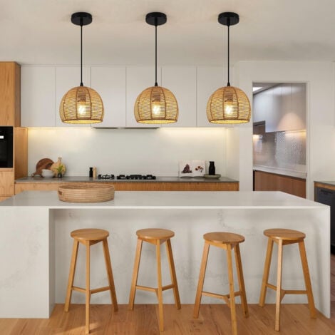 GOECO Suspension Rotin Lustre Rétro Lampe Suspendue En Rotin Naturel Tissé À La Main, Rond Bois Rotin Abat-Jour Réglable Hauteur E27 Suspension Luminaire pour Salon Chambre Salle Manger Cuisine Café