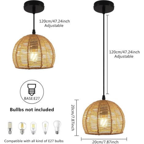 GOECO Suspension Rotin Lustre Rétro Lampe Suspendue En Rotin Naturel Tissé À La Main, Rond Bois Rotin Abat-Jour Réglable Hauteur E27 Suspension Luminaire pour Salon Chambre Salle Manger Cuisine Café