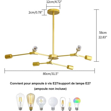 GOECO Lustre Plafonnier E27 6 Lumières Lustre Plafonnier Or avec Bras Lumineux Ajustables Postuler à Salon Chambre Salle à Manger Café Bar(Ne comprend pas l'ampoule)