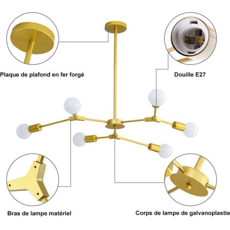 GOECO Lustre Plafonnier E27 6 Lumières Lustre Plafonnier Or avec Bras Lumineux Ajustables Postuler à Salon Chambre Salle à Manger Café Bar(Ne comprend pas l'ampoule)
