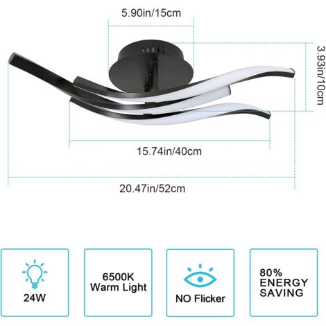 Plafonnier LED, 24W Luminaire Plafonnier en Forme de Vague, Lampe de Plafond Lumière Blanche Froide 6500K Lustre LED Moderne pour Salon Chambre à Coucher Salle à Manger Cuisine, Noir
