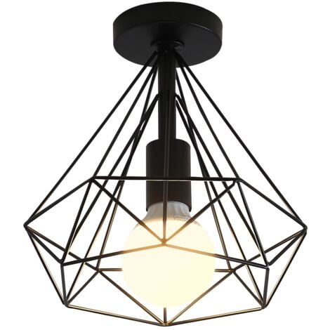 Vintage Plafonnier Industriel Diamant en forme Cage Métal Rétro Lampe de Plafond Abat-jour Suspension Luminaire pour Salle à Manger Bar Chambre,25cm (Noir)