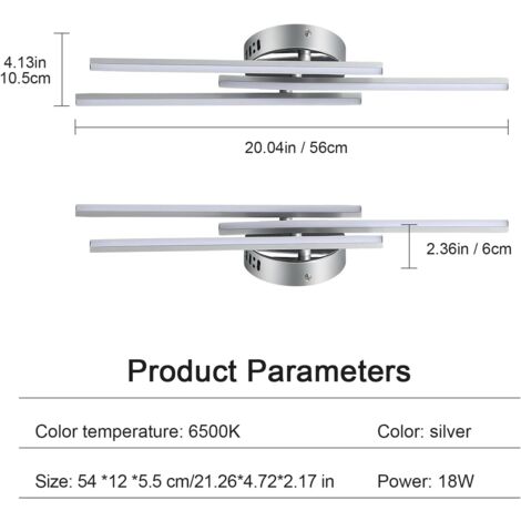 Plafonnier LED Moderne, 18W 1700LM Lumière Blanche Froide 6500K, Design Créatif à Trois Barres Argenté pour Salon Salle de Bain Cuisine Chambre Balcon Bureau (L54 x l12 x H5,5 cm) - GOECO