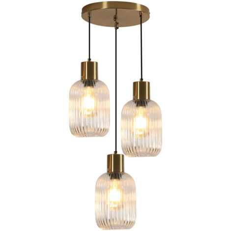 Goeco – Lustre rétro en verre transparent – Éclairage suspendu 3 lumières – Abat-jour rayé – Hauteur réglable 150 cm – Pour îlot de cuisine et salle à manger