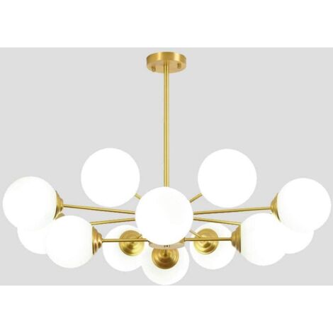 Goeco – Lustre doré moderne E27 avec abat-jour en verre dépoli blanc – Lampe suspendue pour salon, restaurant, chambre – 8 + 4 lumières