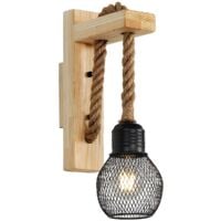 GOECO Applique Murale Industrielle Vintage, Lampe Murale en Bois Rustique Rétro, Abat-Jour en Cage en Métal Noir, Éclairage Mural à Suspendre en Corde de Chanvre (Sans Ampoules)