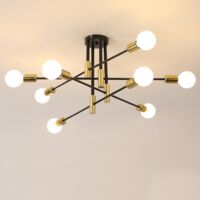 Lustre Sputnik Vintage 8-Lumières 90cm, Lustre Plafonnier Industriel Salon E27, Lampe de Plafond pour Salon Cuisine Chambre, Noir avec Or (Sans ampoules)