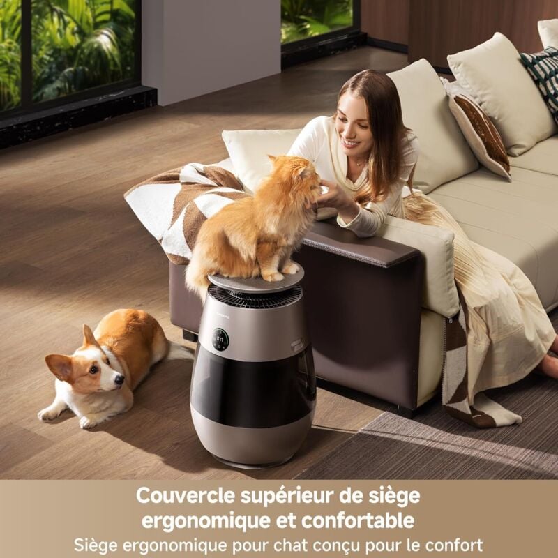DREAME AP10 Purificateur D'Air Pour Animaux, Retour D'Air Haute Pression Nég. 360°, Purification 5 Niveaux Capturant Poils/Odeurs, Compartiment Transp., Dessus Incurvé, Écl. Éco-Ambient, Contrôle App