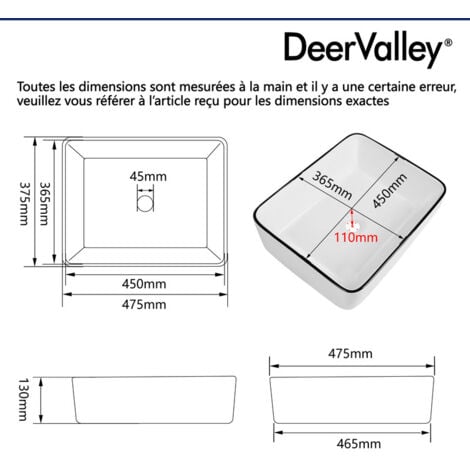 Vasque à Poser Rectangulaire en Céramique Blanche – Design Moderne avec Bordure Noire, Dimensions 47,5 x 37,5 x 13 cm, Idéale pour Salle de Bain  DeerValley