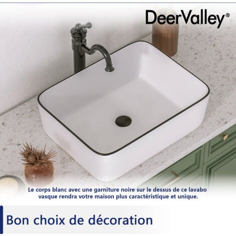 Vasque à Poser Rectangulaire en Céramique Blanche – Design Moderne avec Bordure Noire, Dimensions 47,5 x 37,5 x 13 cm, Idéale pour Salle de Bain  DeerValley