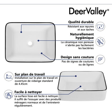 Vasque à Poser Rectangulaire en Céramique Blanche – Design Moderne avec Bordure Noire, Dimensions 47,5 x 37,5 x 13 cm, Idéale pour Salle de Bain  DeerValley