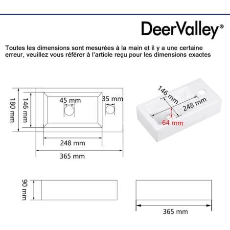 Vasque Lave Main - Vasque Suspendue Rectangulaire Blanche pour Salle de Bain avec Trou pour Robinet à Droite 36.5 x 18 x 9 cm - DeerValley