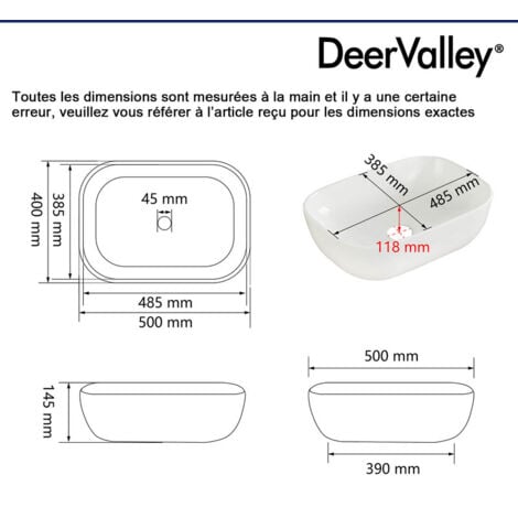 Vasque à Poser Salle de Bain DeerValley – Vasque à Poser Rectangulaire Blanc en Céramique, 50 x 40 x 14,5 cm, Modèle DV-1V432