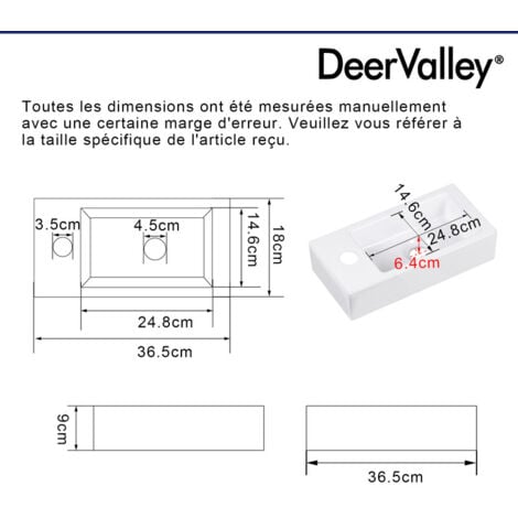Vasque Lave Main - Vasque Suspendue Rectangulaire Blanche pour Vasque Salle de Bain - Trou pour Robinet à Gauche 36.5 x 18 x 9 cm - DeerValley