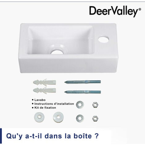 Vasque Lave Main - Vasque Suspendue Rectangulaire Blanche pour Vasque Salle de Bain - Trou pour Robinet à Gauche 36.5 x 18 x 9 cm - DeerValley