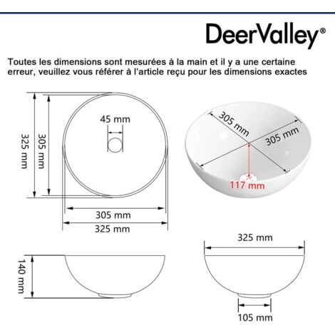 Vasque à Poser Salle de Bain - DeerValley Vasque a Poser en Céramique Circulaire Blanc - 32.5x32.5x14cm, DV-1V061
