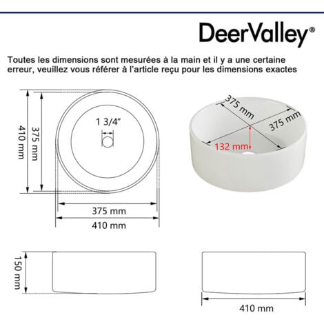 Vasque à Poser Cylindrique en Céramique Blanche - 41 x 41 x 15 cm - Salle de Bain Moderne  DeerValley DV-1V063