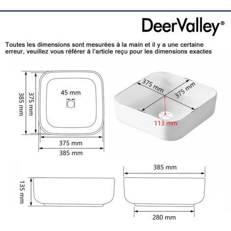 Vasque À Poser Salle De Bain DeerValley en Céramique Blanc - Vasque A Poser Moderne, Pratique et Élégante, 38.5x38.5x13.5cm, DV-1V021