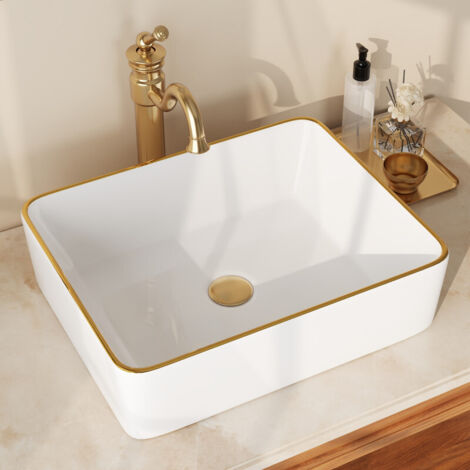 Vasque à poser rectangulaire céramique Blanc avec bordure dorée 48x37x14cm – Design moderne salle de bain DeerValley