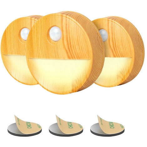 Proxinova® Veilleuse à détecteur de mouvement PIR - 3 pièces - Lumière LED jaune chaud avec alimentation par piles, sans fil, idéale pour les salles de bains, les armoires, les escaliers - Bois