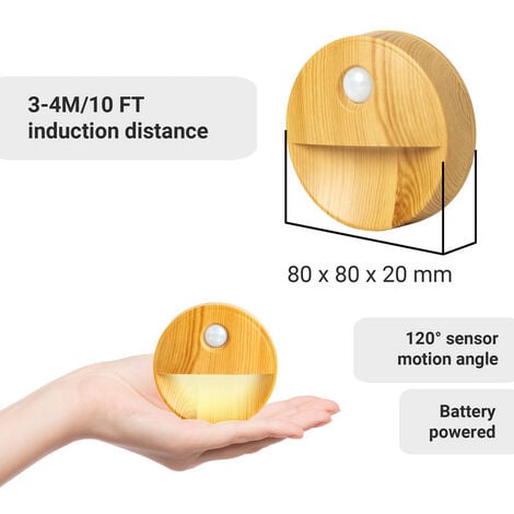 Proxinova® Veilleuse à détecteur de mouvement PIR - 3 pièces - Lumière LED jaune chaud avec alimentation par piles, sans fil, idéale pour les salles de bains, les armoires, les escaliers - Bois