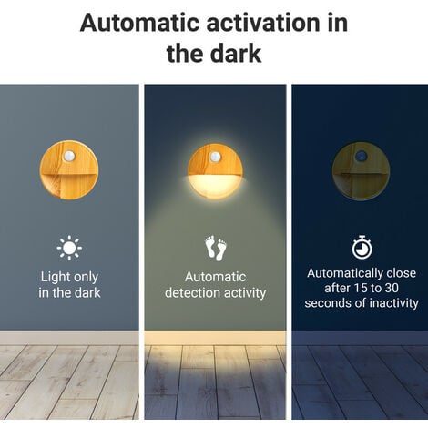 Proxinova® Veilleuse à détecteur de mouvement PIR - 3 pièces - Lumière LED jaune chaud avec alimentation par piles, sans fil, idéale pour les salles de bains, les armoires, les escaliers - Bois