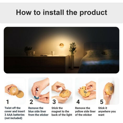 Proxinova® Veilleuse à détecteur de mouvement PIR - 3 pièces - Lumière LED jaune chaud avec alimentation par piles, sans fil, idéale pour les salles de bains, les armoires, les escaliers - Bois